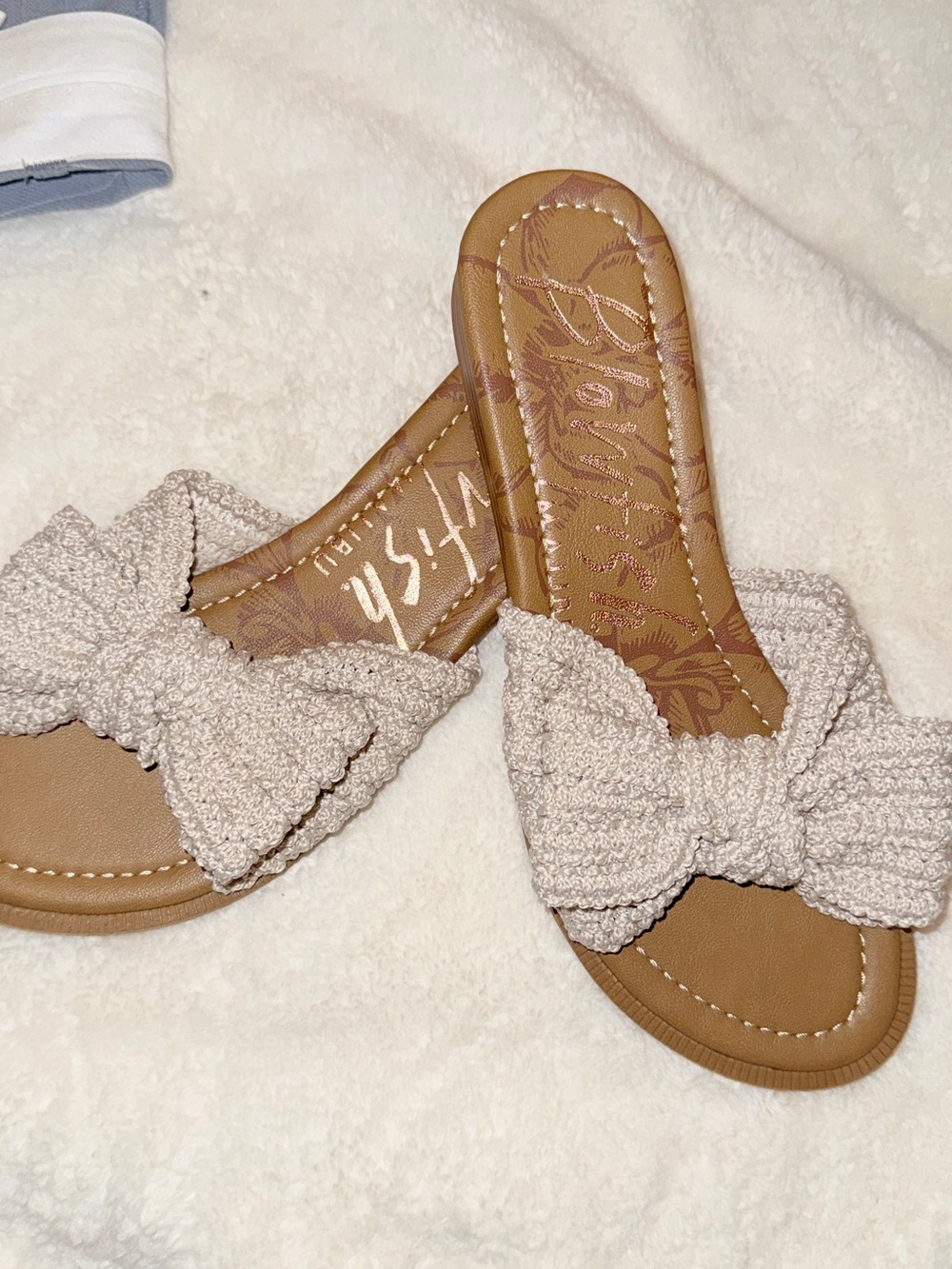 Beige Knit Bow Slide Sandals